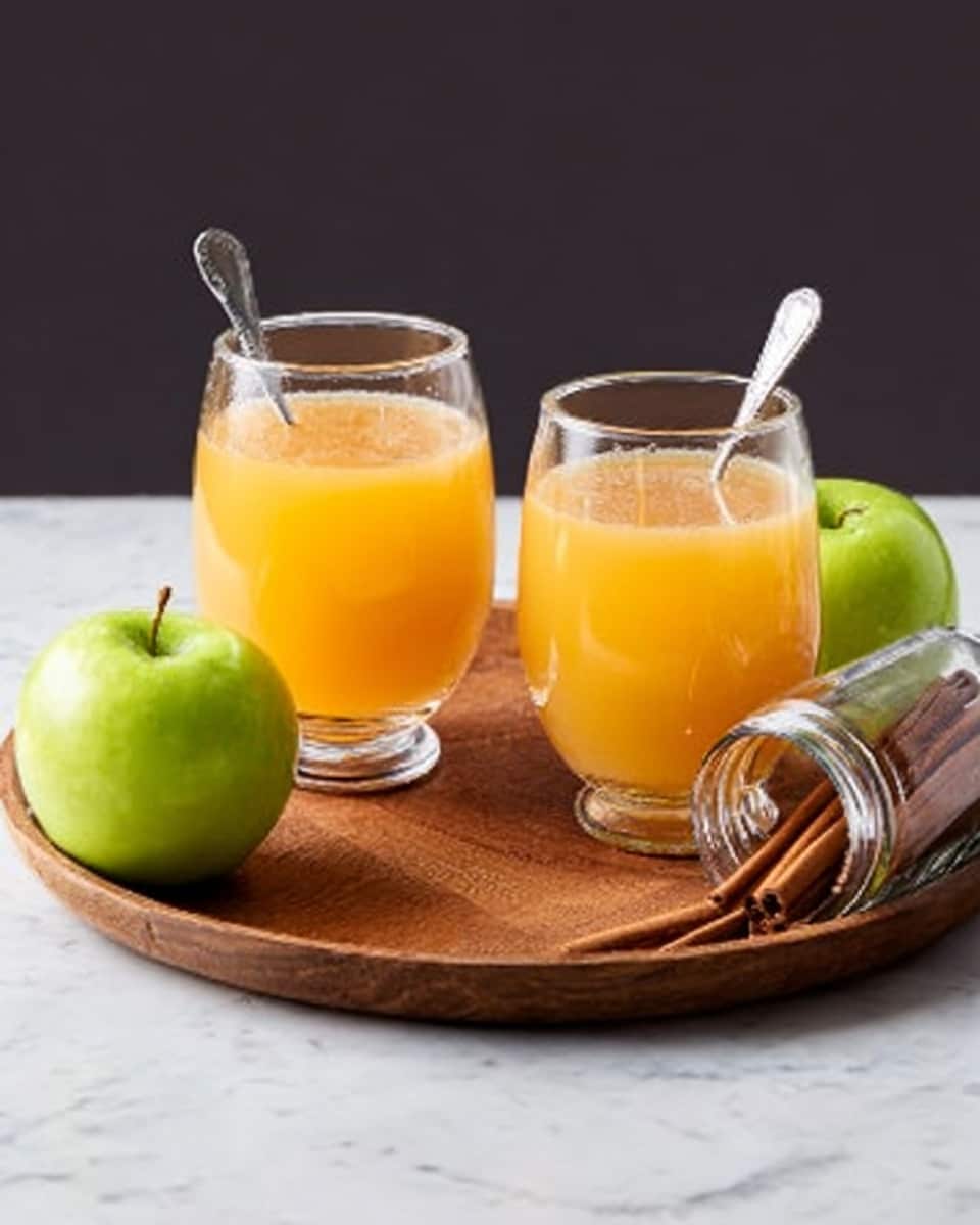 The image shows two clear glasses filled about halfway with orange juice, placed side by side on a round wooden tray. Each glass has a silver spoon resting inside it. There are two green apples, one on each side of the tray. On the right side of the tray, there is a tipped-over glass jar with some cinnamon sticks spilling out next to it. The whole scene rests on a white marbled surface. photo taken with an iphone --ar 4:5 --v 7