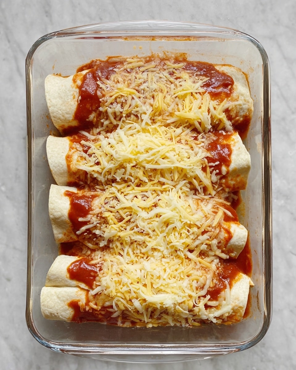 A clear rectangular glass tray on a white marbled surface holds three layered enchiladas. The bottom layer is made of folded tortillas, fully covered with a smooth red sauce. On top of the sauce sits a layer of pale yellow grated cheese that is spread evenly along the enchiladas. The enchiladas are neatly aligned, and the glass tray shows reflections and slight transparency. The photo taken with an iphone --ar 4:5 --v 7