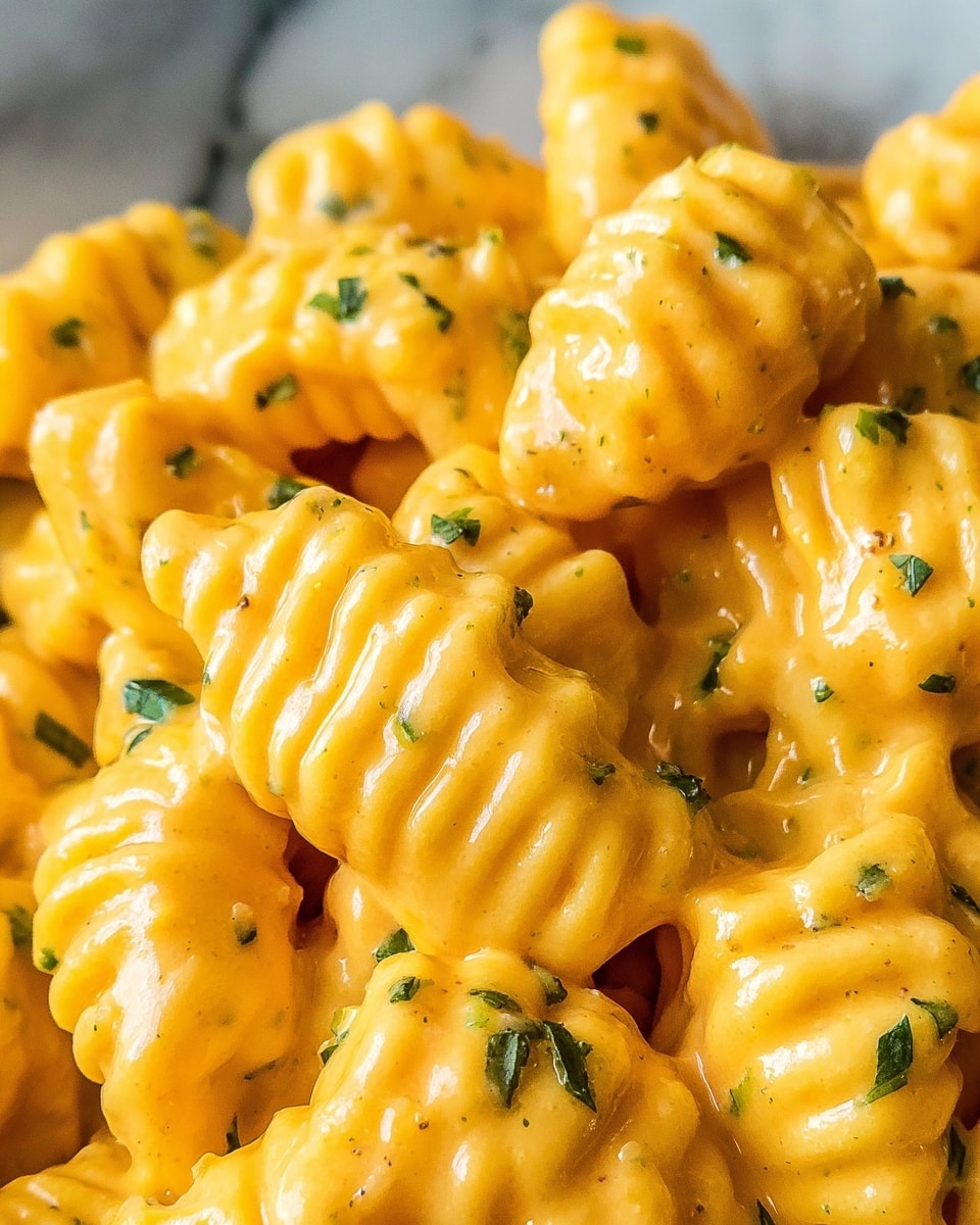 The image shows a close-up view of gnocchi pasta coated in a thick, creamy, bright orange cheese sauce. The gnocchi pieces have deep ridges that catch the sauce well, and small green herb flakes are sprinkled lightly on top, adding a bit of color contrast. The texture of the sauce looks smooth and rich, covering the gnocchi evenly. The dish is presented against a white marbled surface. photo taken with an iphone --ar 4:5 --v 7