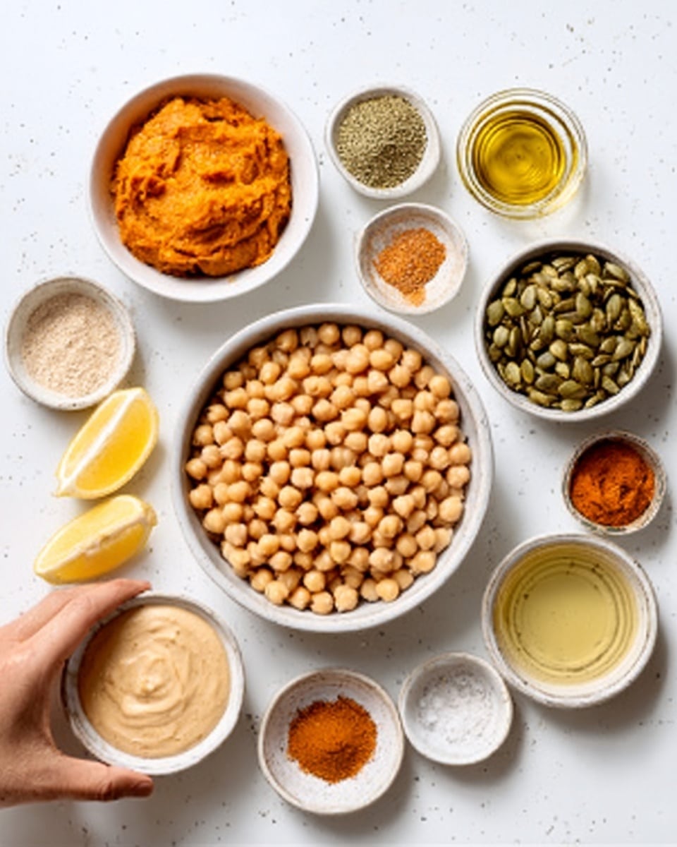 The image shows a top view of a white marbled surface with nine white bowls arranged neatly. The center bowl holds a large pile of whole beige chickpeas with a smooth texture. To the top left is a bowl filled with a bright orange paste, looking slightly chunky. To the top right, a bowl contains greenish-brown pumpkin seeds with a rough texture. Nearby, a smaller bowl with a smooth, pale beige creamy sauce sits. Two lemon halves with bright yellow skin and juicy interior rest diagonally on the bottom left. Other small white bowls contain various colorful spices and ingredients: one with light brown powder, one with white creamy sauce, another with reddish-orange powder, a bowl with golden-yellow liquid, and one with coarse white salt. A woman's hand is shown gently holding the bowl containing the orange paste. The clean, bright setup highlights the natural colors and textures of each ingredient, photo taken with an iphone --ar 4:5 --v 7