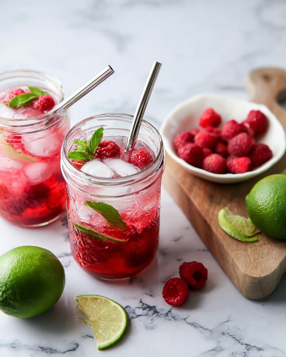 Two clear glass jars filled with a bright pink drink sit on a white marbled surface. Each jar has ice cubes floating on top along with whole red raspberries, green mint leaves, and thin green lime peels. A metal straw is placed in each jar, curving gently outward. To the right, a white small bowl holds several fresh red raspberries, and below it on a wooden board are two whole bright green limes. Scattered raspberries and a lime slice add detail to the scene. The photo taken with an iphone --ar 4:5 --v 7