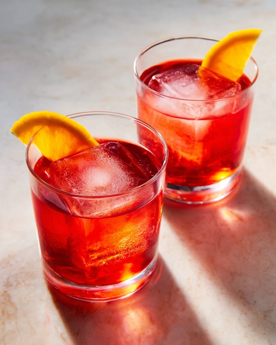 Two clear glasses filled with a bright red drink sit on a white marbled surface. Each glass holds a large, clear ice cube that is almost a perfect sphere, floating in the liquid. On the rim of each glass, there is a small orange slice, adding a touch of bright yellow and orange color. Light reflects softly on the glasses, showing the smooth texture of the drink and ice. The scene is simple and the background is clean, with natural shadows adding depth. Photo taken with an iphone --ar 4:5 --v 7
