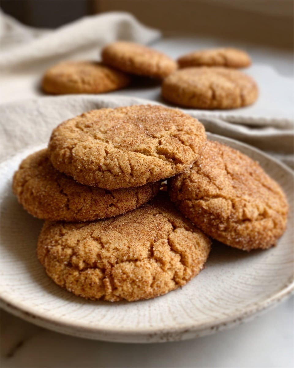The image shows a white plate with six round cookies that have a cracked, golden-brown surface and a slightly grainy texture. The cookies look soft and thick, stacked in layers with three on the plate close to the camera and three more spaced out on a white marbled surface in the background. The overall scene is warm and cozy, with a focus on the cookies' rough, crumbly tops and crisp edges. Photo taken with an iphone --ar 4:5 --v 7