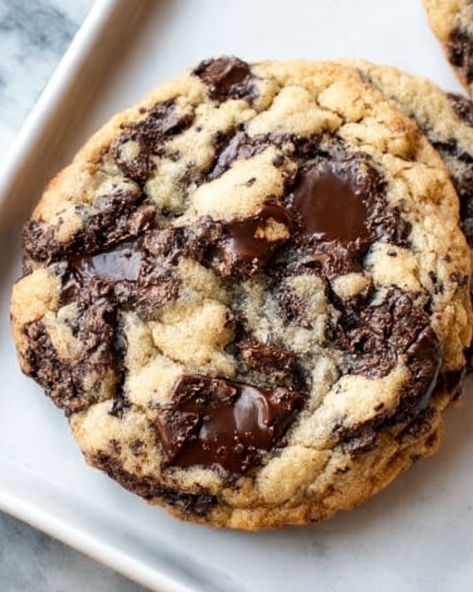 The image shows a close-up of a chocolate chip cookie with a thick, chunky texture. The cookie has a light tan base with many dark brown, melted chocolate chunks spread all over, giving it a rich, textured look. The chocolate pieces vary in size, some large and melting, others small and embedded in the dough. The cookie rests on a white plate with a simple, smooth surface. This is placed on a white marbled surface, adding a clean, bright background. Photo taken with an iphone --ar 4:5 --v 7