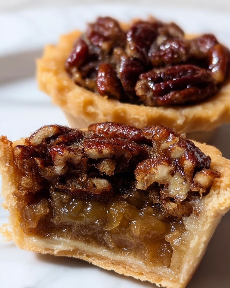 The image shows two mini pecan pies on a white plate with a white marbled surface underneath. One pie is whole, showing a top layer of glossy, dark brown, roughly chopped pecans. The other pie is sliced in half, revealing three layers: a top layer of pecans, a thick middle layer of golden, sticky filling with a slightly transparent texture, and a bottom layer of light brown, flaky pastry crust. The crumbs and layers look rich and moist. Photo taken with an iphone --ar 4:5 --v 7