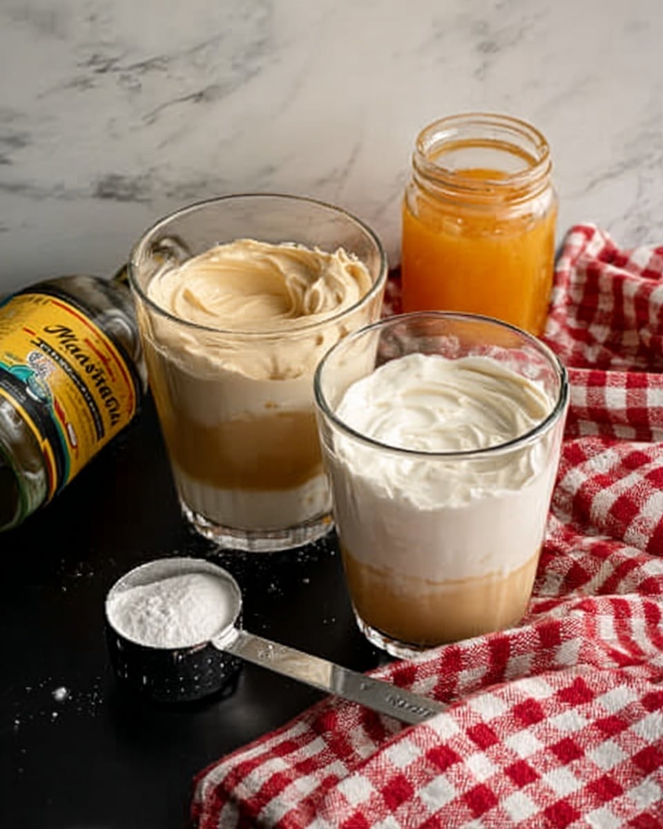 The image shows two clear glasses filled with three layers of different creamy mixtures. The bottom layer is a smooth white cream, the middle layer is a light beige creamy sauce, and the top is a thicker white cream with soft swirls. Next to the glasses, there is a small metal scoop with white powder, a jar filled with orange liquid, and a bottle with a yellow label. The scene is set on a black surface, and a red and white checkered cloth is placed nearby. The background is changed to a white marbled texture. Photo taken with an iphone --ar 4:5 --v 7