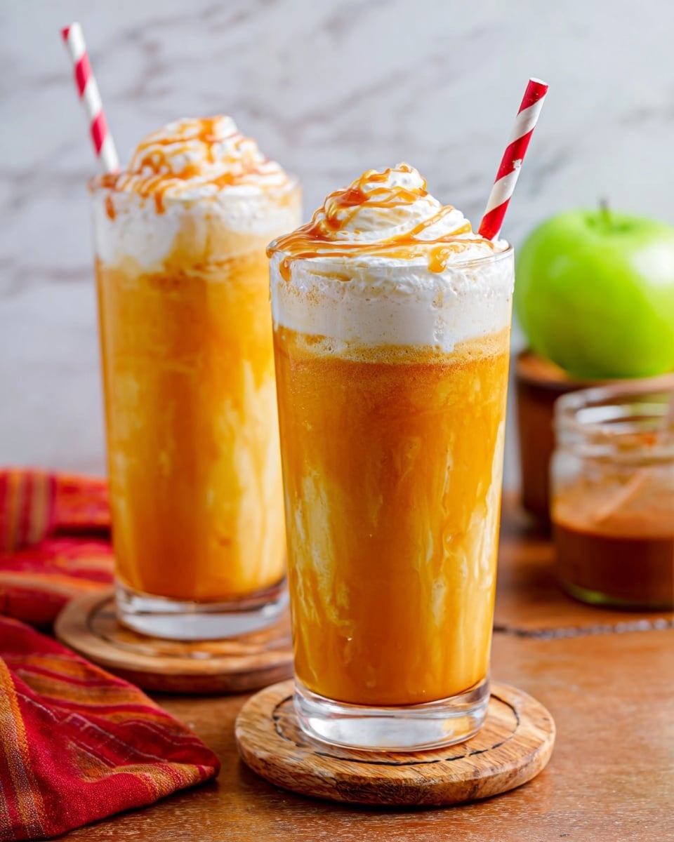 Two tall clear glasses filled with a creamy orange and white layered drink are shown. The bottom layer is a smooth orange liquid, while the top layer is white cream swirling down into the orange drink. Each glass has caramel sauce drizzled inside near the top edge and on the cream. Both glasses are topped with striped red and white straws. The glasses sit on small wooden coasters placed on a wooden table. A green apple and a small jar with brown contents are visible in the blurred background. The surface is a white marbled texture. Photo taken with an iphone --ar 4:5 --v 7