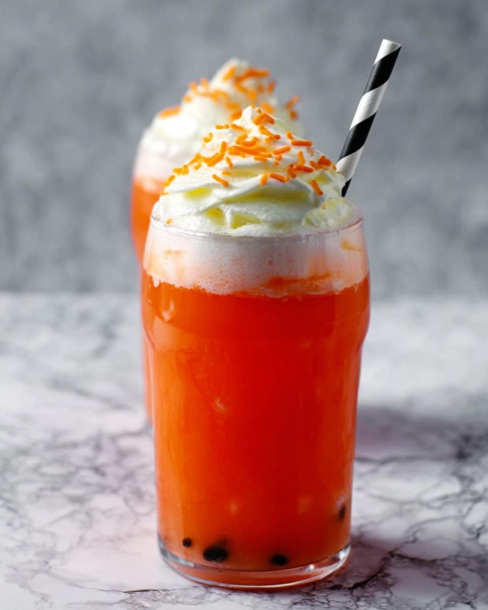 The image shows a clear glass cup filled with a bright orange-red drink that looks smooth with small dark pieces at the bottom. On top, there is a thick white layer of whipped cream with orange sprinkles scattered over it. A black and white striped straw is placed inside the drink, leaning slightly to one side. The glass is set on a white marbled surface. The photo has a soft focus on the background, making the drink the main focus. photo taken with an iphone --ar 4:5 --v 7