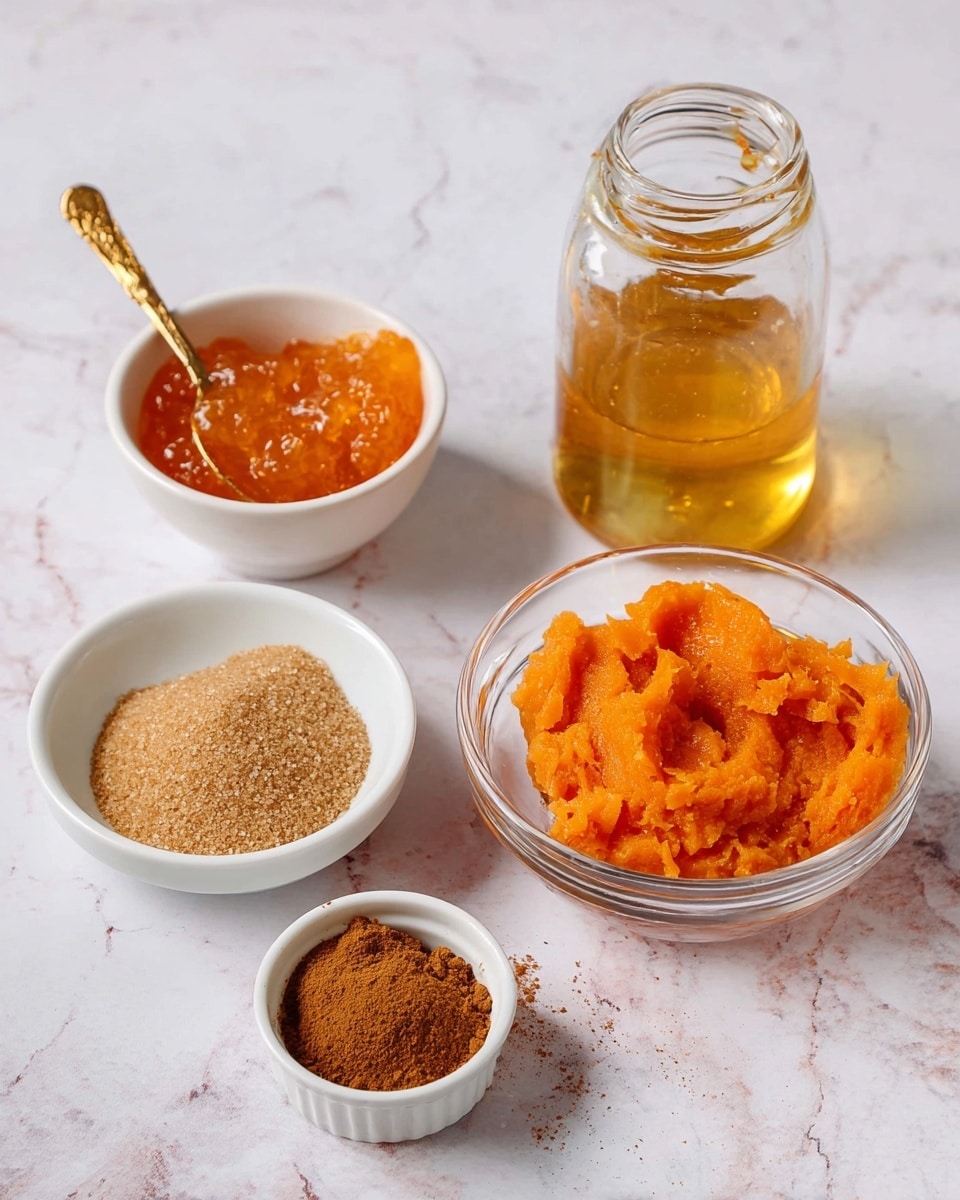 The image shows five small containers with different ingredients placed on a white marbled surface. From left to right, the first container is a white bowl filled with orange-colored jam with a small golden spoon inside. Next to it is another white bowl filled with light brown sugar. In front of these two bowls is a small white ramekin holding a small pile of brown cinnamon powder. To the right is a clear glass bowl containing smooth, bright orange mashed pumpkin. Behind this bowl is a glass jar filled with golden honey which has a drop of honey falling inside. The setup is neat and each ingredient's texture and color contrast clearly with the white marbled background photo taken with an iphone --ar 4:5 --v 7