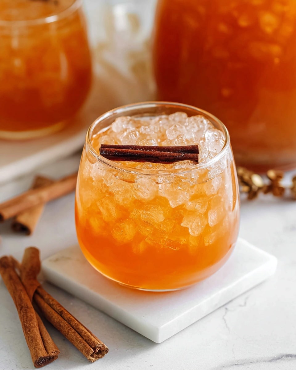 A short, rounded clear glass filled with crushed ice and bright orange liquid, topped with a single dark brown cinnamon stick placed horizontally in the center. The glass sits on a small white square marble coaster, which is placed on a white marbled surface. In the background, a large jug with the same orange liquid and another similar glass can be partially seen, along with a few additional cinnamon sticks scattered around. The lighting is soft and natural, highlighting the textures of the ice and cinnamon. photo taken with an iphone --ar 4:5 --v 7