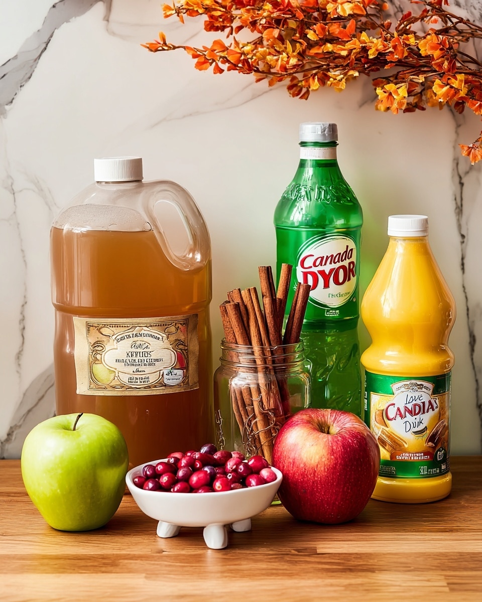 The image shows a group of ingredients arranged on a wooden surface with a white marbled background. There is a large plastic jug of old-fashioned apple cider in brown with a cream label on the left, next to a shiny green apple and a red apple. In front of these, there is a small white bowl filled with bright red cranberries sitting on three short legs. Behind the bowl, there is a clear glass jar filled with cinnamon sticks standing upright. To the right of the cinnamon jar, there is a tall bottle of Canada Dry in green plastic with a white cap, and beside it is a tall yellow bottle of caramel sauce with a gold cap. Orange decorative branches hang down from the top right corner, adding color to the scene. photo taken with an iphone --ar 4:5 --v 7