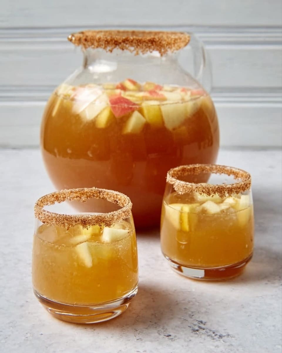 The image shows a large round clear glass pitcher filled with a light brown drink and small pale yellow fruit pieces floating inside. In front of the pitcher, there are two short clear glasses, each also filled with the same light brown drink and small pale yellow fruit pieces floating on top. The rims of both glasses are coated with a brown sugar or spice mix. The drinks sit on a white marbled surface with a white wooden wall background. A woman's hand is not visible directly but implied by the arrangement. photo taken with an iphone --ar 4:5 --v 7