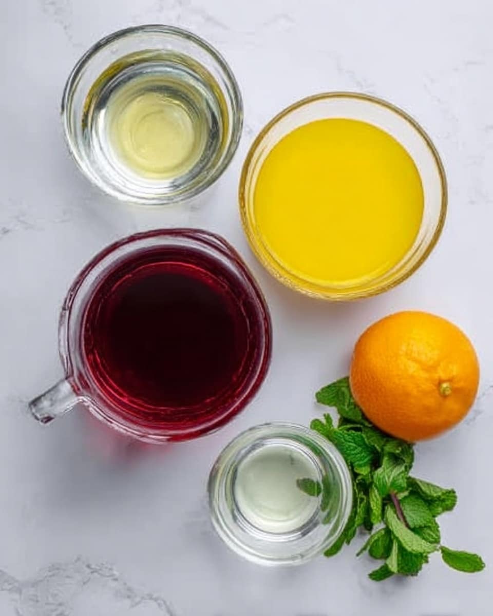 The image shows a white marbled surface with four clear glass containers placed on it. On the bottom left, there is a large clear glass cup filled with dark red liquid. Above it, on the top left, there is a smaller clear glass bowl with a transparent liquid inside. To the right of the bowl is a medium clear glass cup filled with bright yellow liquid. Below the yellow liquid, there is a small clear glass cup containing a transparent liquid. To the far right side of the image, there is a whole orange fruit and a small bunch of fresh green mint leaves. Photo taken with an iphone --ar 4:5 --v 7
