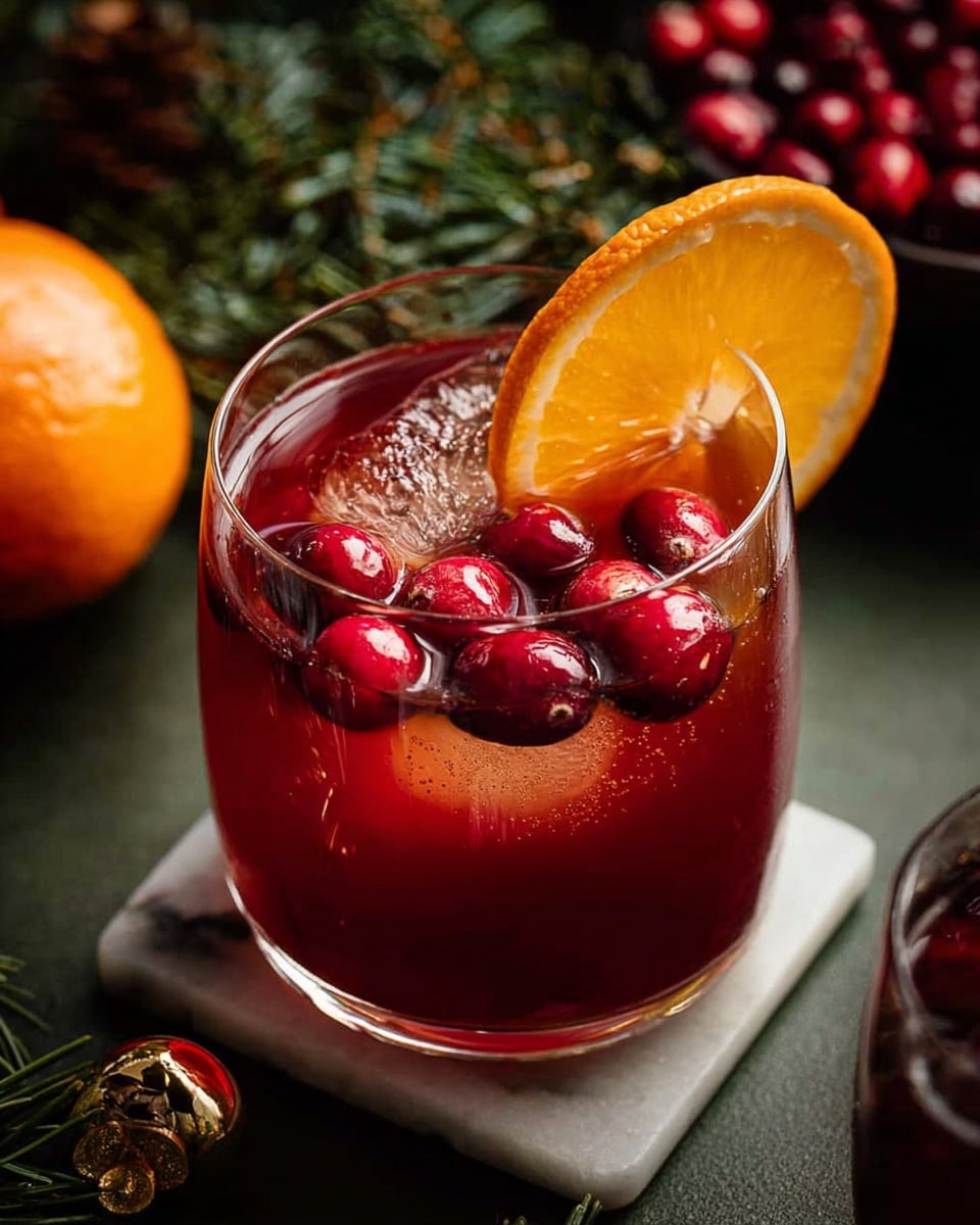 A clear round glass filled with deep red liquid, topped with floating bright red cranberries and a thin half-slice of orange showing its bright orange peel and juicy texture, all sitting on a white marbled surface with a blurred background of dark green pine needles and red fruit. Photo taken with an iphone --ar 4:5 --v 7