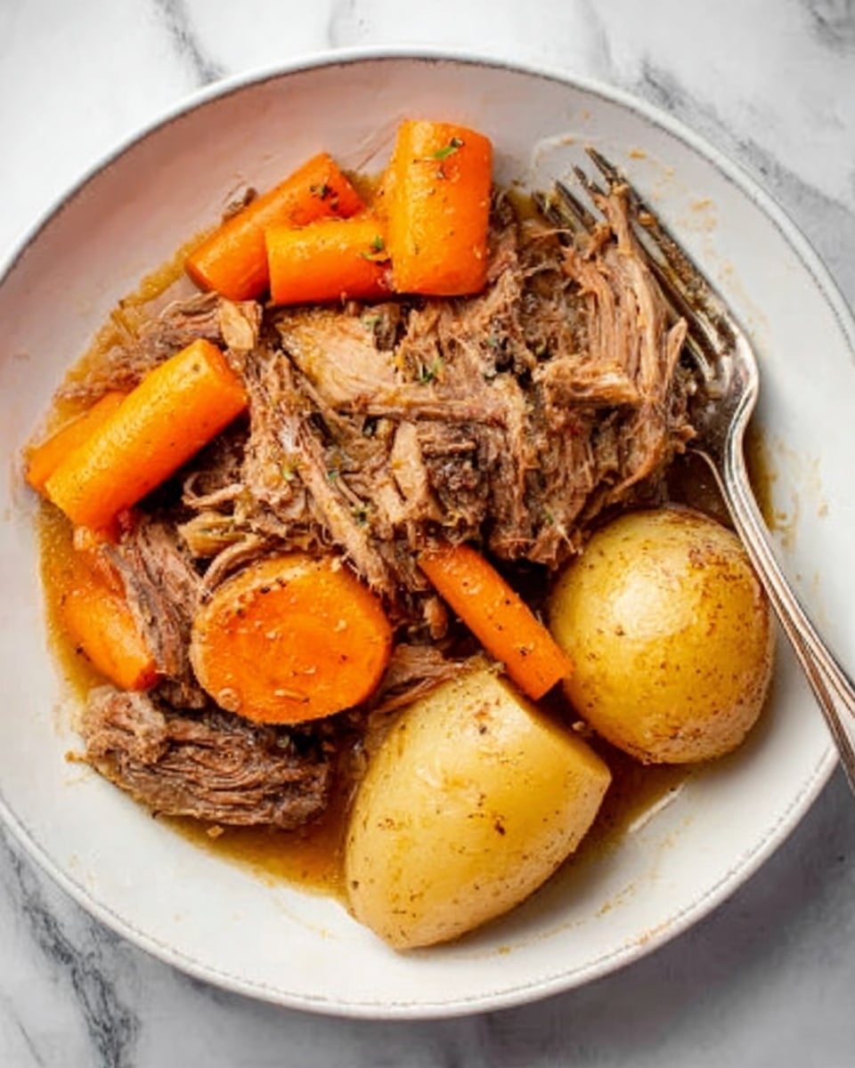 A white bowl with a stew made of shredded brown meat, orange carrot chunks, and large, light beige potato pieces. The meat looks soft and moist with stringy texture. The carrots are thick and smooth, placed mostly at the top with some carrots partly covered by meat. The potatoes sit on one side, slightly overlapping with the meat and carrots. There is a thin brown sauce covering the bottom of the bowl. A silver fork rests on the right side of the bowl, with its handle partially on the white marbled surface. photo taken with an iphone --ar 4:5 --v 7