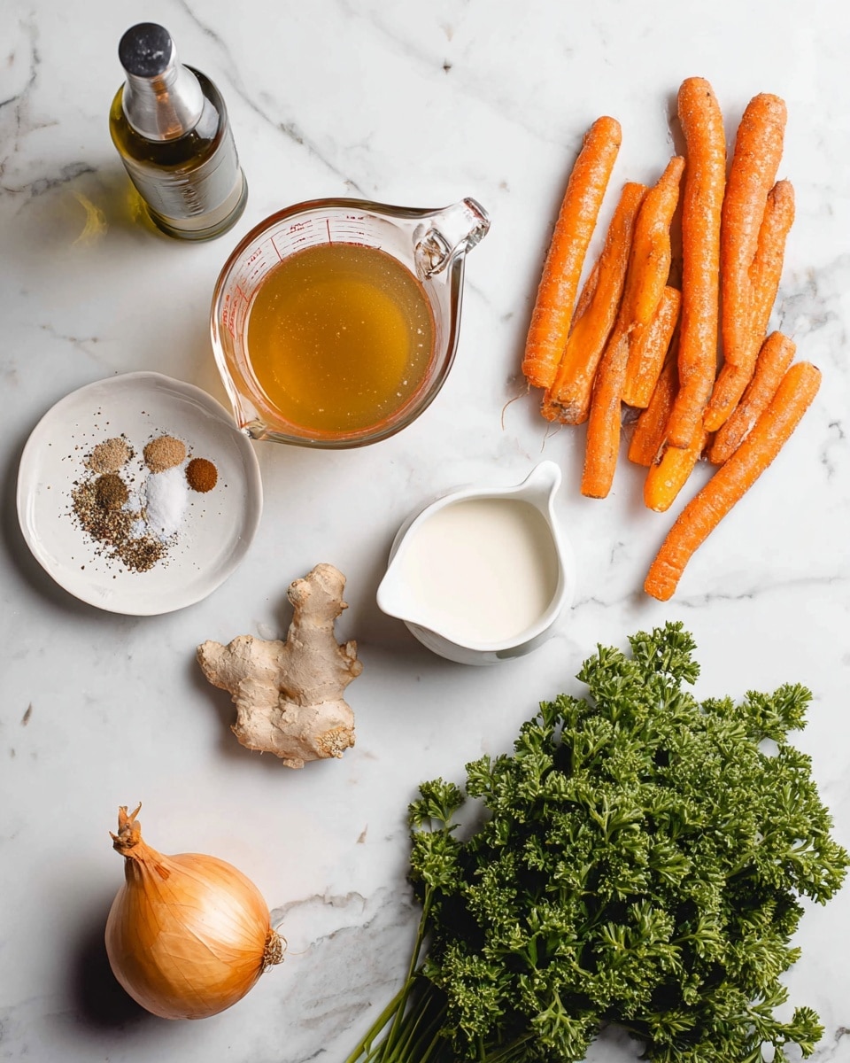 The image shows fresh cooking ingredients laid out on a white marbled surface: a bunch of small orange carrots grouped together near the top right, a large clear glass measuring cup filled with a light brown liquid just above the carrots, and a silver bottle of oil to the left. Below are a small round white dish with mixed spices (salt, pepper, and brown powder), a small white pitcher with cream-colored liquid, a piece of fresh ginger, two garlic cloves placed side by side, a whole yellow onion near the bottom left, and a large bunch of curly green parsley on the lower right. The items are spaced neatly and well lit, showing their vivid colors and textures. photo taken with an iphone --ar 4:5 --v 7
