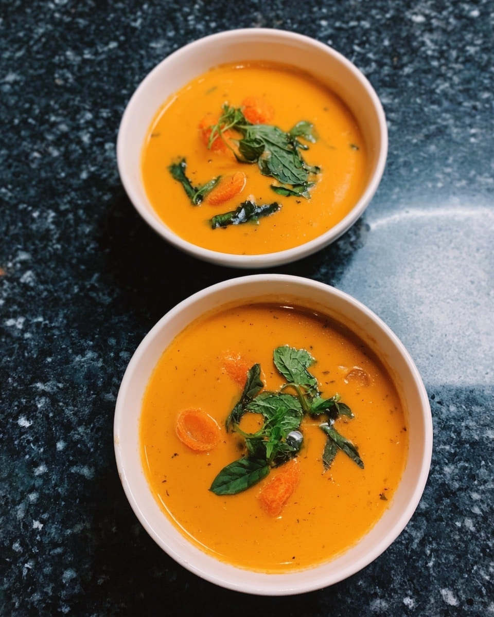 Two white bowls filled with a creamy orange soup, each containing small bright orange pieces and green leaves floating on top. The soup has a smooth texture and looks warm. The bowls are placed on a dark countertop with a white marbled texture background. photo taken with an iphone --ar 4:5 --v 7