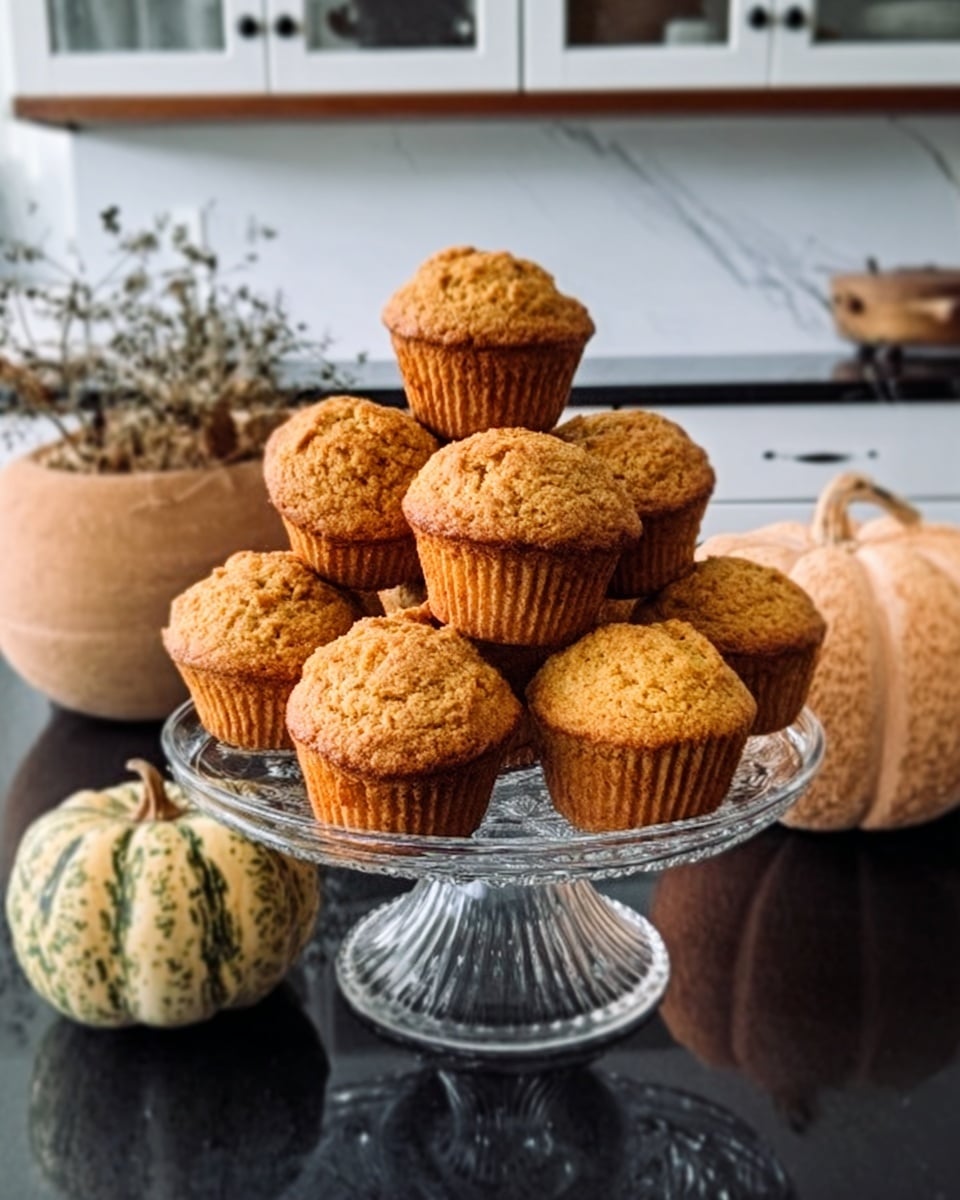A clear glass cake stand holds a stack of golden-brown muffins arranged in two layers, with about seven muffins on the bottom layer and four muffins on top. The muffins have slightly rough and cracked tops, with a texture that looks soft and crumbly. The cake stand is placed on a black countertop, but the background shows a white marbled texture. Nearby, there are two decorative pumpkins, one with a light tan color and green veins, and the other is a darker beige with a textured surface. Some wooden kitchen cabinets with white drawers are visible in the back. photo taken with an iphone --ar 4:5 --v 7