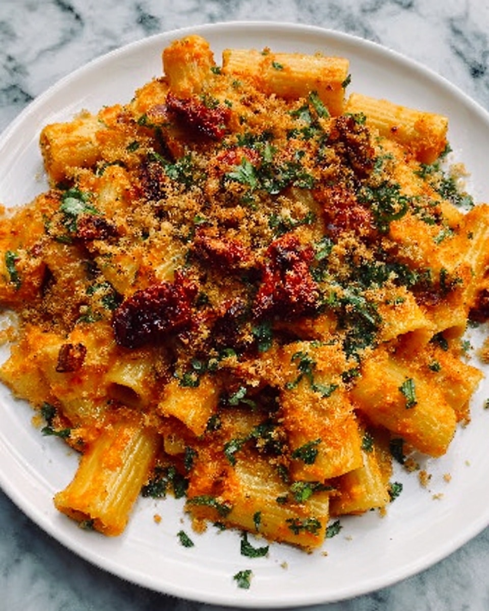 A white plate holds a serving of rigatoni pasta coated in a creamy orange sauce. On top, there are pieces of sun-dried tomatoes and green herbs scattered all over. The dish is sprinkled with crispy golden-brown crumbs, adding texture. The white marbled surface underneath enhances the bright colors of the food. Photo taken with an iphone --ar 4:5 --v 7