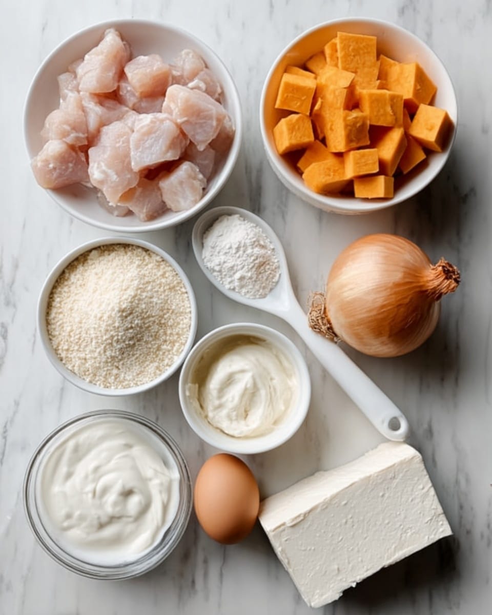 The image shows seven white bowls and containers arranged on a white marbled surface. One bowl holds small pieces of raw chicken with pale pink color and smooth texture on the left. Another bowl near the top contains bright orange cubed sweet potatoes with a rough but firm texture. In the center is a small onion with golden brown, papery skin. To the right of the onion, a white spoon with a heaping scoop of white flour rests on the surface. Below the chicken bowl is a small white bowl filled with pale white breadcrumbs with a fine, crumbly texture. Next to it is a white bowl with white sour cream, smooth and creamy. A single brown egg with a smooth shell lies between these ingredients. To the right side at the bottom is a block of beige tofu with a firm, smooth surface. Finally, a clear glass bowl contains a rectangular block of white cream cheese with a soft, slightly crumbly texture. photo taken with an iphone --ar 4:5 --v 7