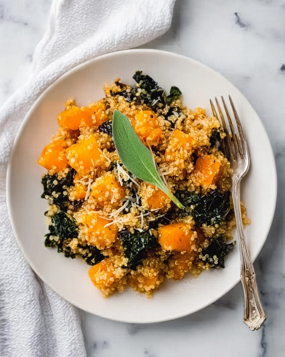 A white plate holds a serving of a mixed dish with three main layers: large bright orange chunks of cooked squash scattered across the plate, a layer of light tan quinoa mixed throughout, and dark green wilted kale spread evenly underneath and between the other layers. There is a single fresh green bay leaf placed on top as garnish. A silver fork is resting on the right side of the plate. The plate sits on a white marbled surface with a white cloth partially visible on the left side. Photo taken with an iphone --ar 4:5 --v 7