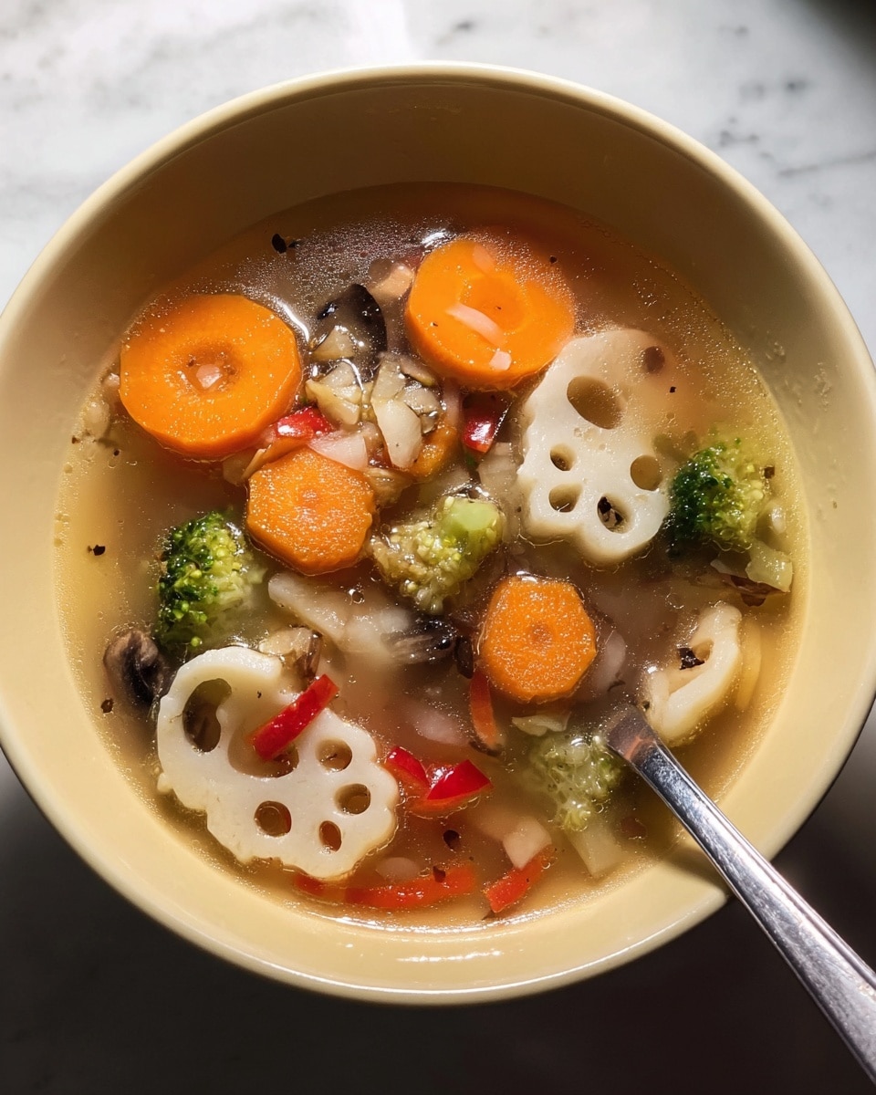 A light yellow bowl filled with clear broth soup containing several layers of vegetables. The top layer has round orange carrot slices floating gently, along with green broccoli florets and small white lotus root pieces featuring holes. Inside the broth, there are finely chopped white onions, thin red bell pepper strips, and small dark mushroom pieces scattered throughout. A silver spoon is placed inside the bowl, resting on the right edge. The bowl sits on a white marbled texture surface. photo taken with an iphone --ar 4:5 --v 7