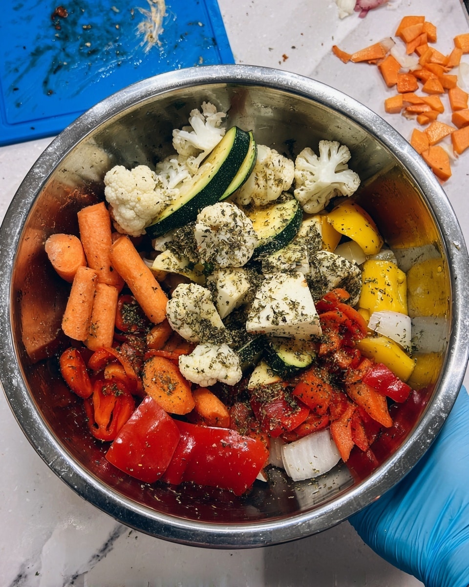 A metal bowl filled with several layers of colorful raw vegetables tossed with herbs. The top layer shows large chunks of white cauliflower with a sprinkle of green dried herbs, thick slices of green zucchini, bright yellow bell pepper strips, and orange carrot pieces. Beneath them are red cherry tomatoes, orange carrot chunks, and halved red bell peppers with a rough texture. There are also pieces of white onion scattered around. A woman's hand wearing a blue glove is seen on the right holding the bowl. The bowl is placed on a white marbled surface with some vegetable peels and onion slices visible on a blue board nearby. Photo taken with an iphone --ar 4:5 --v 7