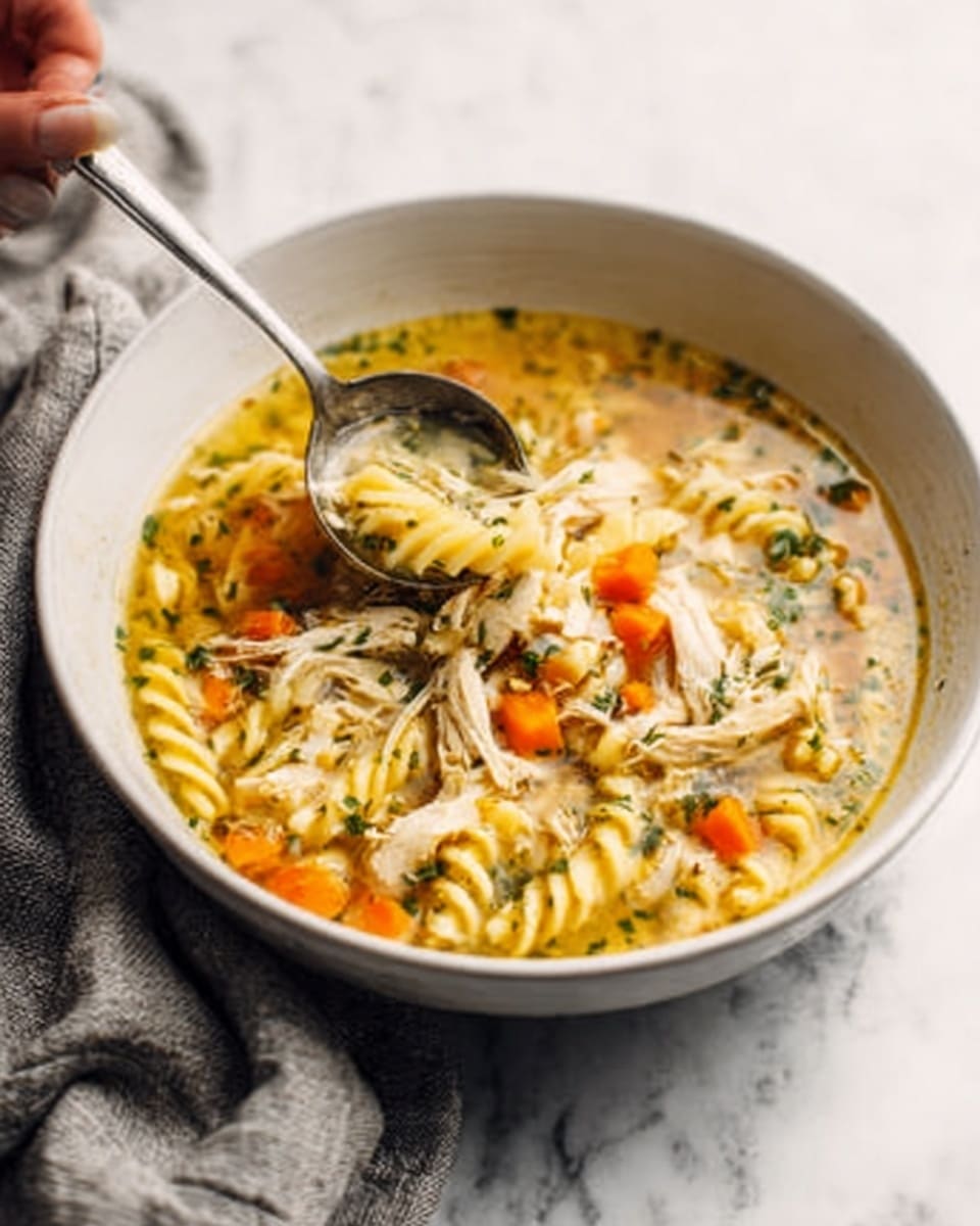 A white bowl filled with clear broth soup containing three layers of fusilli pasta, shredded cooked chicken, and small chunks of orange carrots; fresh herbs float on top adding green specks; a woman's hand with a metal spoon is stirring the soup inside the bowl, which rests on a white marbled surface with a gray cloth partially seen on the side. photo taken with an iphone --ar 4:5 --v 7