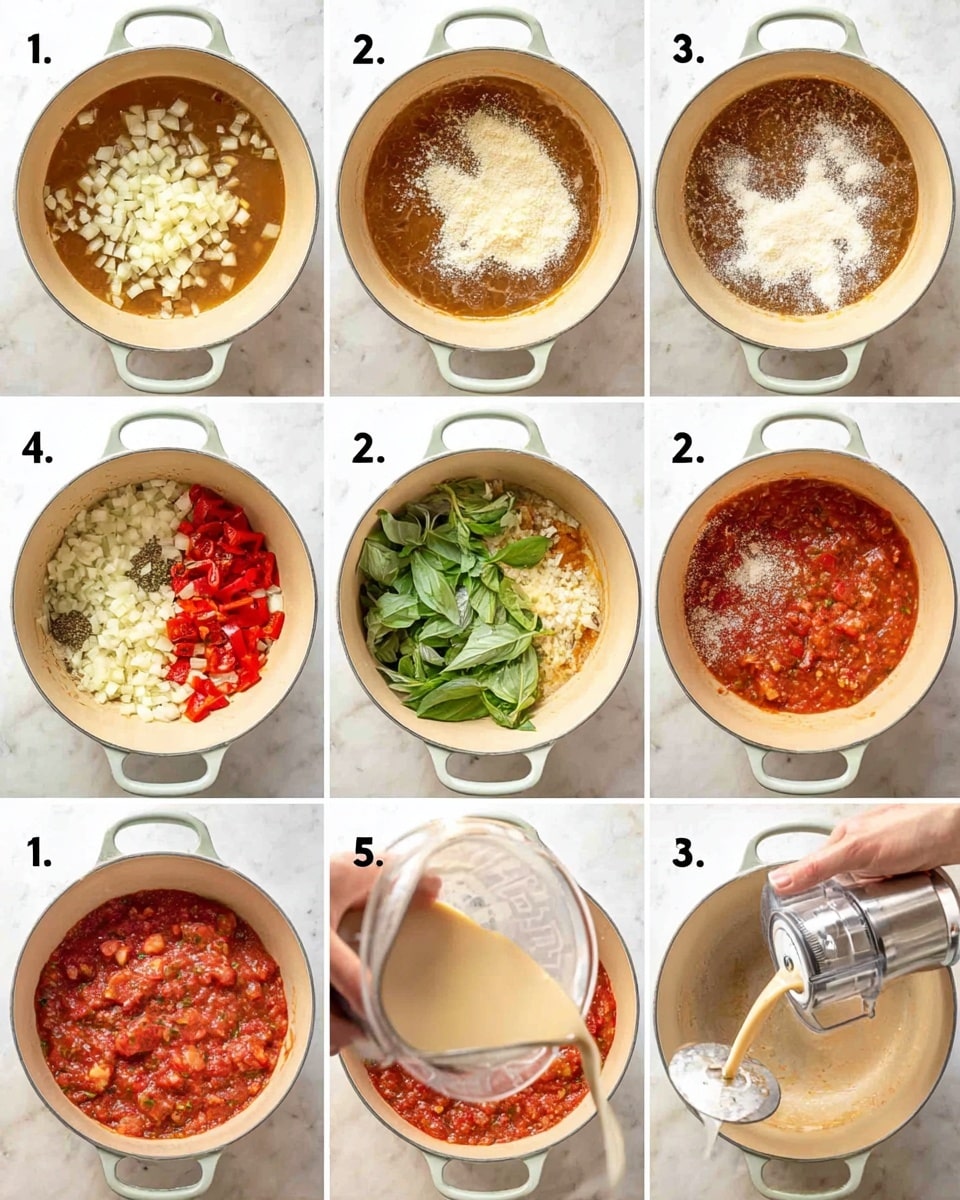A set of nine images showing the cooking steps of a sauce in a beige pot on a white marbled surface. The first image shows a layer of chopped white onions at the center of the pot. The second shows the onions cooked to a light golden brown color. The third has a white powder spread over the cooked onions. The fourth image shows the mixture browned and cooked down further. The fifth shows a woman's hand pouring a light brown liquid into the pot while stirring the mixture. The sixth image adds three layers side by side: red roasted peppers, fresh green basil leaves, and finely grated white cheese over the light brown liquid base in the pot. The seventh shows the sauce now cooked into a chunky red mixture with visible green basil leaves. The eighth image depicts the sauce being blended inside the pot with a silver hand blender. The ninth shows a woman's hand pouring a pale cream-colored liquid into the blended sauce, adding a smooth top layer. Photo taken with an iphone --ar 4:5 --v 7