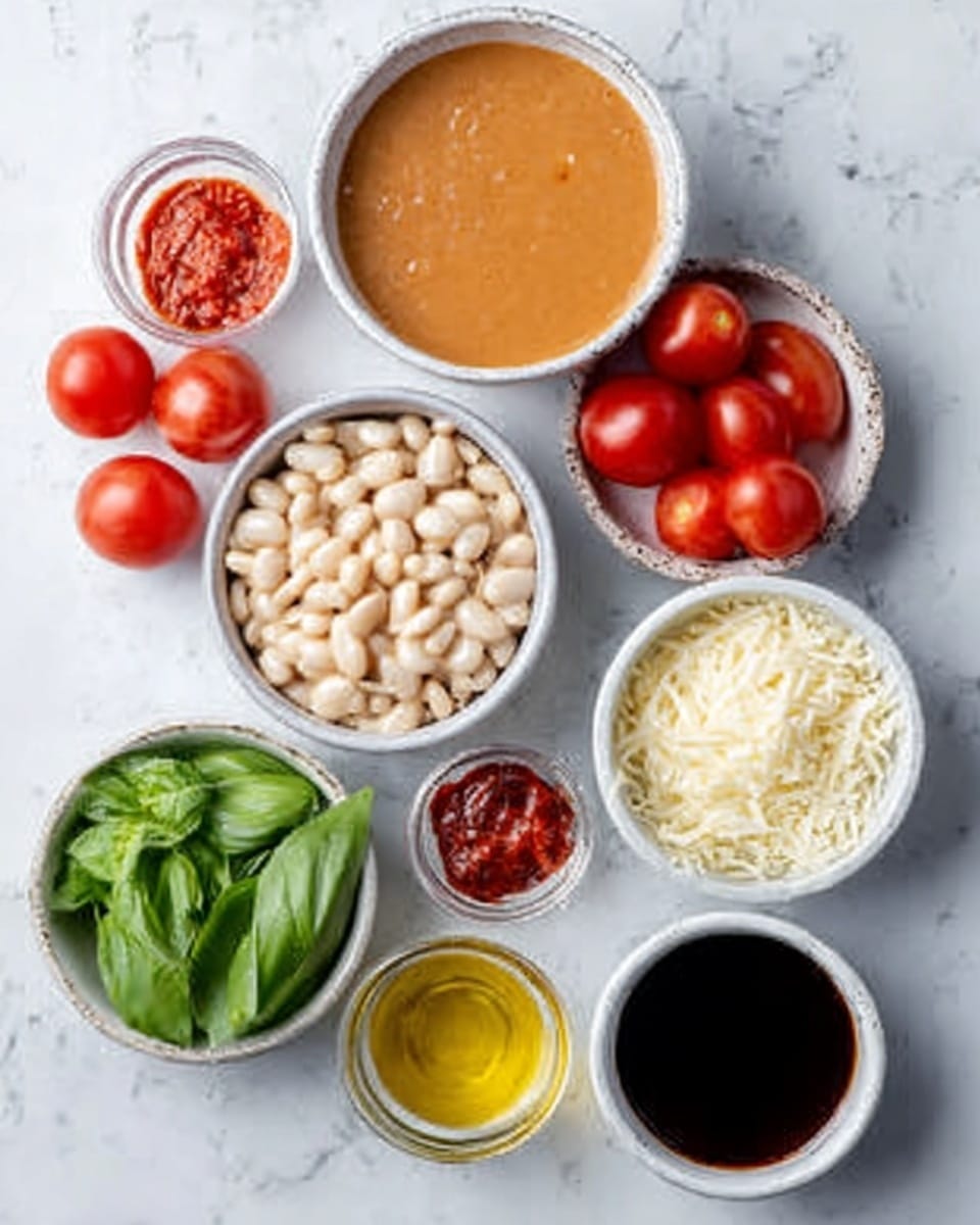 The image shows several small white bowls on a white marbled surface. One bowl contains a smooth, light brown sauce. Another bowl is filled with small white beans. There is a bowl with whole cherry tomatoes, bright red and shiny. A bowl with green fresh basil leaves adds a touch of color. Chopped white onions fill another bowl, showing soft, fine pieces. A small bowl holds red chili paste, deep red and thick. A bowl with light yellow grated cheese is also visible. Two small containers with clear liquids, one light yellow and the other dark, are placed nearby. photo taken with an iphone --ar 4:5 --v 7
