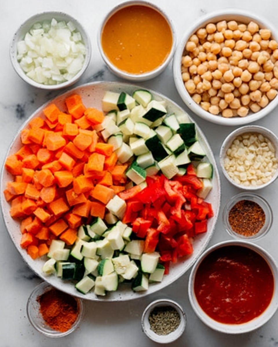 The image shows a white plate filled with four different chopped vegetables arranged in sections: bright orange cubes of carrot, light green and white diced zucchini, deep red chopped bell pepper, and another section of the zucchini. Around the plate, there are small white bowls with various ingredients, including a bowl of white diced onions, a bowl of light brown chickpeas, a bowl of smooth orange liquid, a bowl of smooth red liquid, a bowl of coarse red powder, and a bowl with minced garlic and small seeds. All the items are set on a white marbled surface. photo taken with an iphone --ar 4:5 --v 7