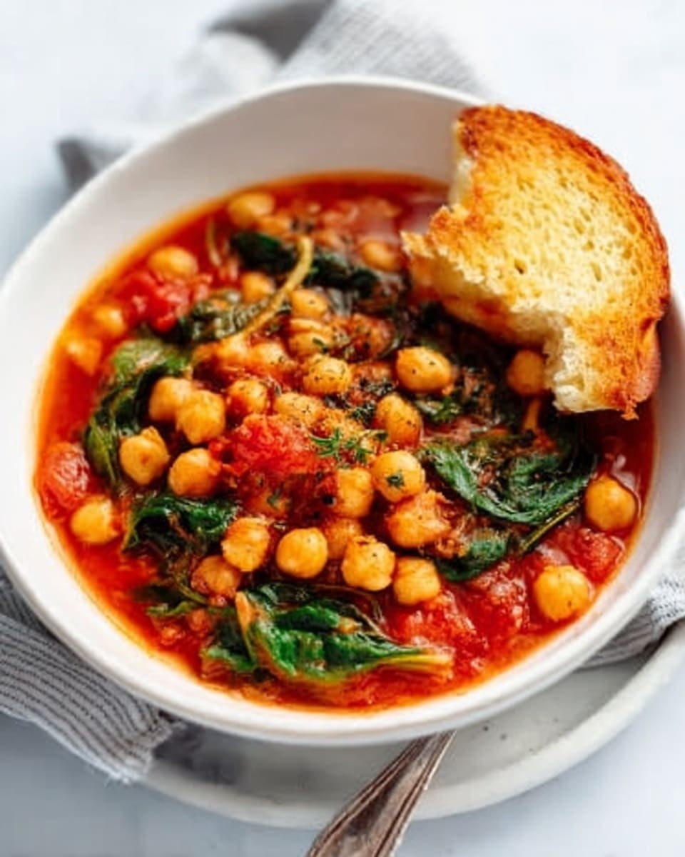 A white bowl on a white marbled surface contains a stew with three main layers. The base layer is a thick, red tomato sauce with visible herbs. On top of this sits a generous layer of light beige chickpeas, soft and round. Scattered on the chickpeas are bright green spinach leaves, slightly wilted and shiny. A toasted round slice of bread leans on the side of the bowl, light golden brown with a crisp texture. In the top right corner, a woman's hand holds a piece of bread with a bit of the stew on it, adding a warm and inviting touch. Photo taken with an iphone --ar 4:5 --v 7