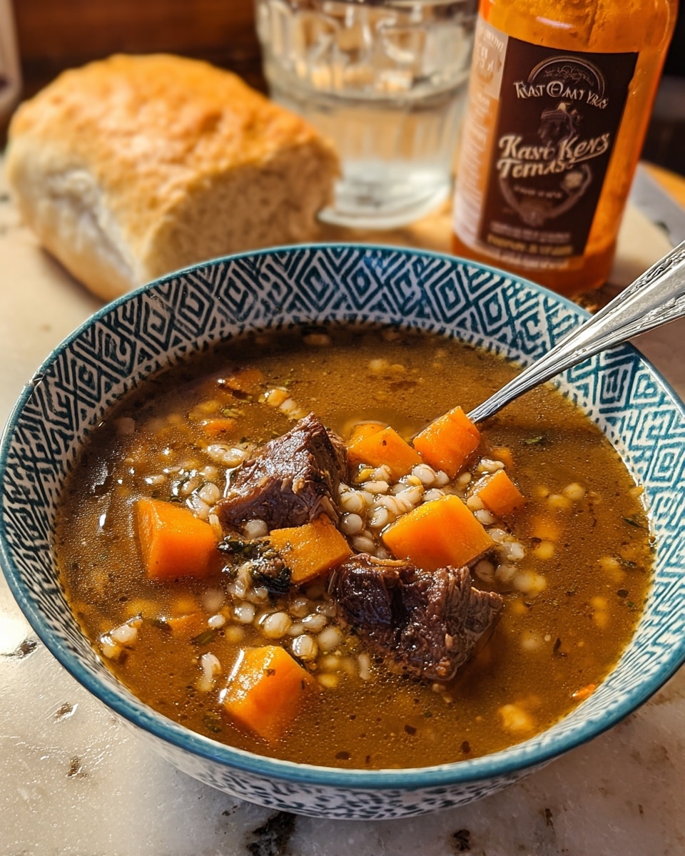 A white bowl with blue geometric patterns holds a soup that has a clear brown broth with floating pieces of orange carrot cubes. There are several chunks of dark brown meat and a handful of light beige grains, possibly barley, mixed throughout. White marbled surface underneath shows a metal spoon placed inside the soup from the right side. In the background, there is a soft brown bread roll, a bottle of spicy orange sauce, and a glass of water with