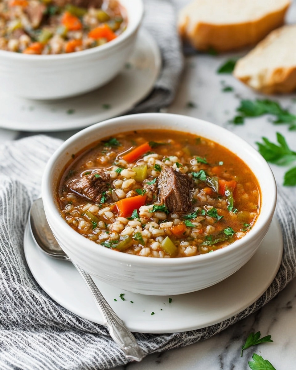 A white bowl filled with beef barley soup sits on a white plate, resting on a gray and white striped cloth on a white marbled surface. The soup has visible layers of brown beef chunks, orange carrot pieces, green celery slices, small grains of barley, and chopped green herbs floating in a light brown broth. A silver spoon lies beside the bowl. In the background, there is another white bowl of the same soup and two pieces of sliced bread. Some green parsley leaves are scattered on the surface. Photo taken with an iphone --ar 4:5 --v 7