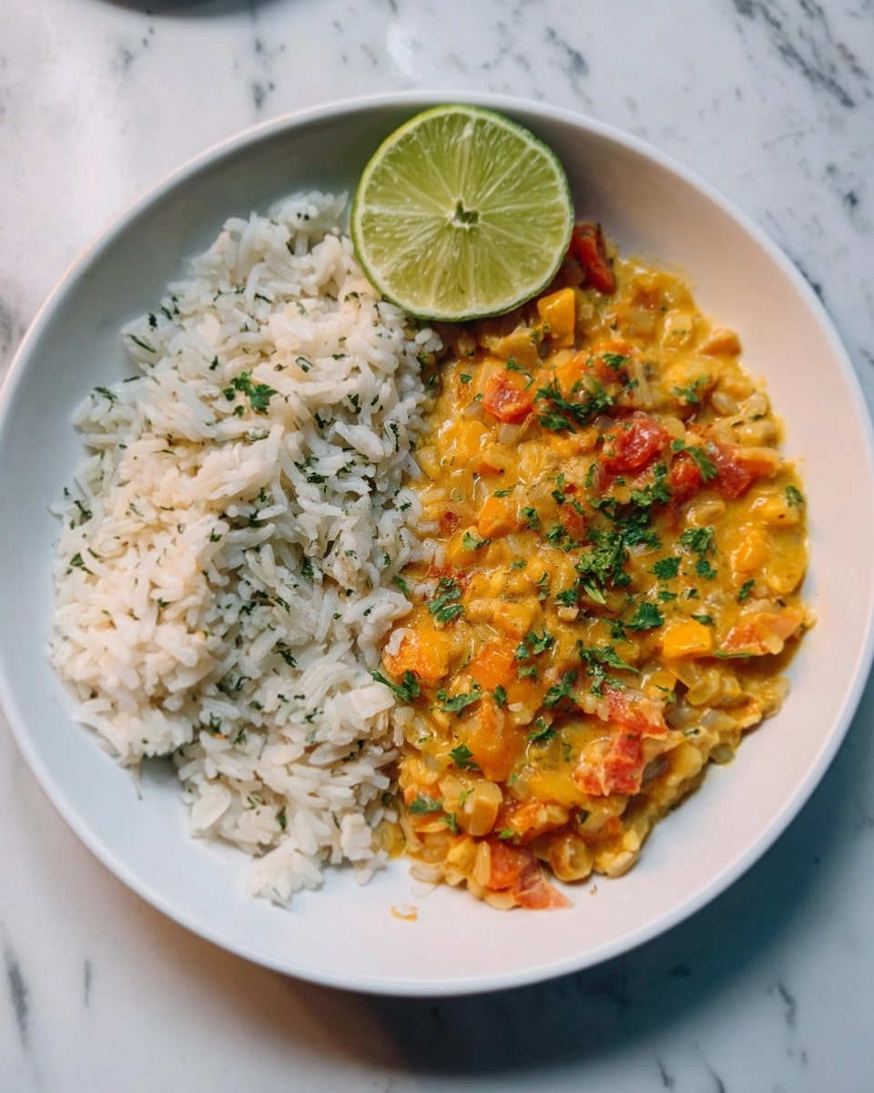 The dish shows a simple white plate with two main parts side by side. On the left, there is a serving of fluffy white rice mixed with small green herb pieces, giving a fresh look. On the right, there is a creamy orange and yellow mixture with visible chunks of cooked vegetables, possibly tomatoes and onions, topped with small green herb bits. At the top center of the plate, a wedge of bright green lime sits as a garnish. The background is a white marble surface. Photo taken with an iphone --ar 4:5 --v 7