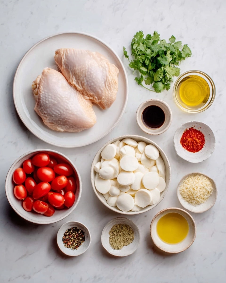 The image shows a white plate with two raw chicken pieces positioned at the top left. Around it are several small white bowls, each holding different ingredients: one with halved cherry tomatoes at the bottom left, another with fresh green cilantro leaves at the right middle, a bowl filled with round white mozzarella slices at the bottom middle, and various small bowls with spices, sauce, and oil scattered around. A woman's hand is not visible in this image. The scene is set on a white marbled surface with soft natural light. photo taken with an iphone --ar 4:5 --v 7