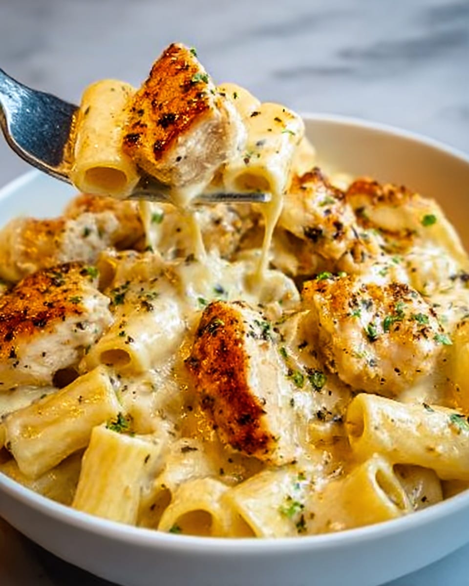 The image shows a bowl filled with creamy pasta and grilled chicken pieces. The pasta is rigatoni, coated in a smooth, pale yellow cheese sauce. The grilled chicken pieces on top are golden brown with a slightly crispy texture. There are small green herb sprinkles scattered over the dish, adding color contrast. A fork is lifting some pasta and chicken from the bowl, showing the creamy texture of the sauce. The bowl is white and it sits on a white marbled surface. photo taken with an iphone --ar 4:5 --v 7