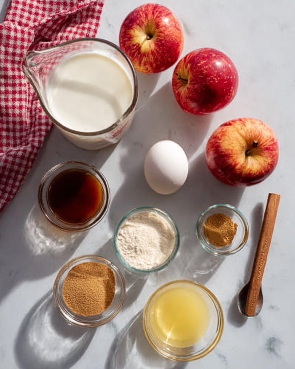 The image shows several small glass bowls arranged on a white marbled surface. There is a tall measuring cup filled with white liquid on the left side and three whole red apples placed on the top right, middle bottom, and bottom left. A white egg is positioned near the top center. In the center left, there is a small bowl with light brown sugar, and in the middle, a small bowl of dark brown syrup. Next to it on the right, a small bowl with a light yellow liquid and a small bowl with brown powder are visible. A metal spoon with a wooden handle lies near the edge of the bowls. The lighting is soft and natural, with a red and white checkered cloth partially visible at the top left corner. Photo taken with an iphone --ar 4:5 --v 7