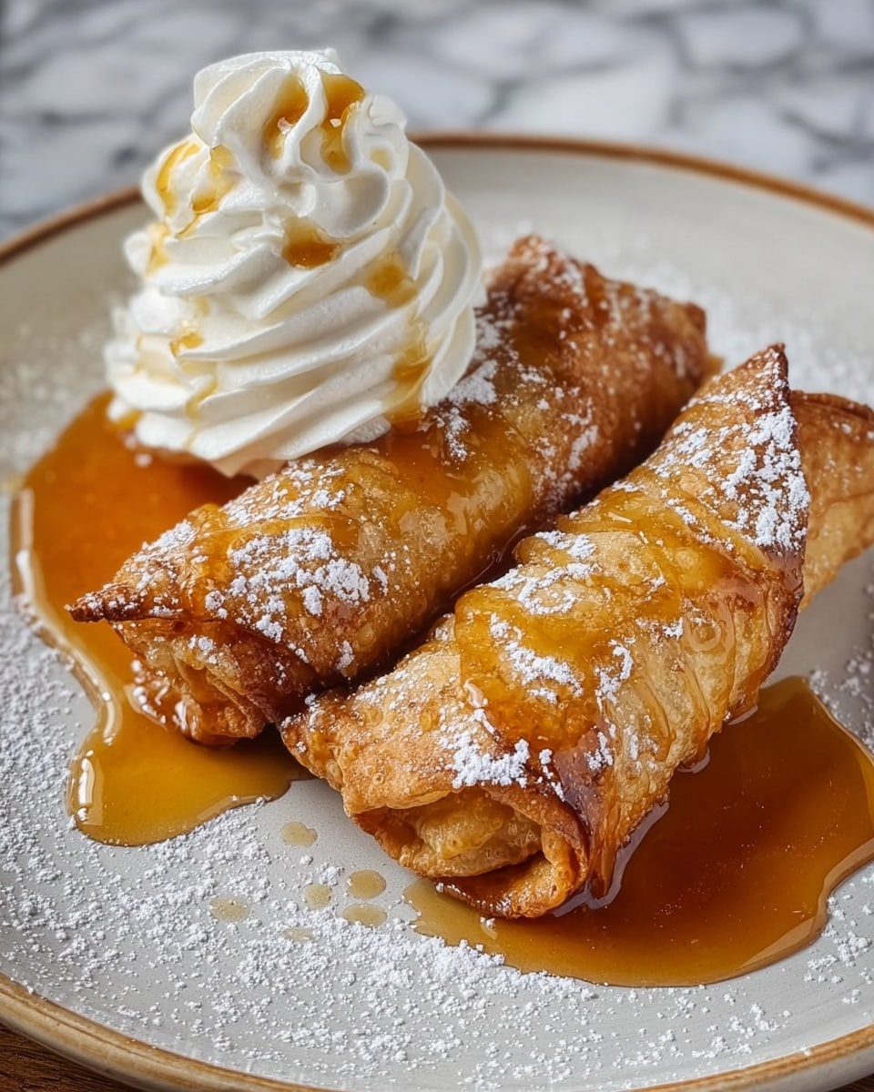 Two golden brown rolled pastries with a crispy texture sit side by side on a white plate. Both pastries are drizzled generously with amber-colored syrup that pools slightly on the plate. A swirl of white whipped cream is placed to the left of the pastries, resting on the plate next to more syrup. The plate is sprinkled lightly with white powdered sugar, adding a soft contrast to the warm colors. The background is a white marbled surface. photo taken with an iphone --ar 4:5 --v 7