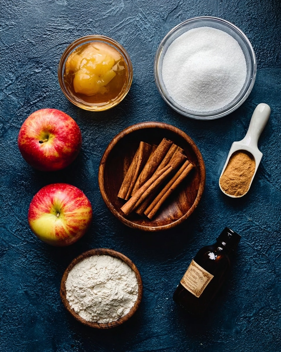 The image shows a dark blue textured surface with several ingredients arranged neatly. There are four red and yellow apples placed around a central wooden bowl filled with cinnamon sticks. To the left is a glass container with a golden brown substance. At the top right, there is a clear bowl filled with white granulated sugar. Below that, a white scoop containing a light brown powder is placed. To the bottom left is a small bowl filled with white flour. Next to it is an empty small wooden bowl. A dark brown bottle with a label is lying flat near the bottom right. The overall scene feels calm and organized, with all items clearly visible on the dark surface. photo taken with an iphone --ar 4:5 --v 7