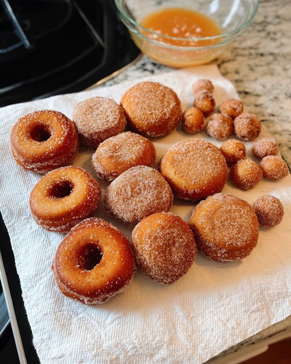 A white paper towel holds ten round donuts and eighteen small donut holes, all covered in a light layer of granulated sugar. The donuts are golden brown with a slightly rough texture from the sugar, each with a round hole in the center. The small donut holes are clustered to the top right, matching the sugar coating and golden color of the larger donuts. The paper towel is on a black stovetop with a white marbled countertop in the background, and a clear glass bowl with a light orange mixture sits nearby. Photo taken with an iphone --ar 4:5 --v 7