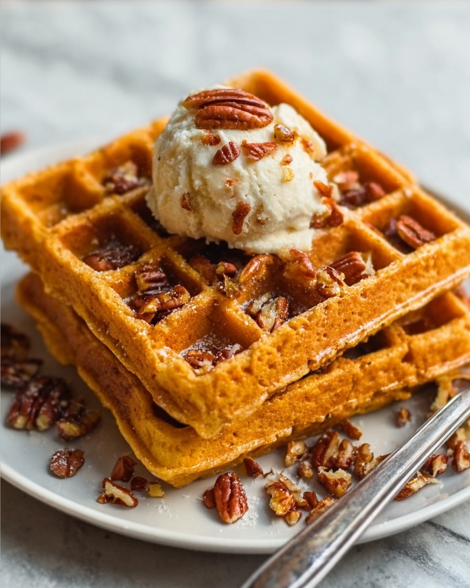 The image shows two golden brown waffles stacked on a white plate, each waffle with deep square pockets filled with chopped pecans. On top of the stack, there is a scoop of light beige butter or cream that is slightly melting and also sprinkled with small pecan pieces. A white marbled surface is visible under the plate, and a silver fork is partially visible on the right side near the plate. The colors are warm and natural, highlighting the texture of the waffles and nuts. photo taken with an iphone --ar 4:5 --v 7