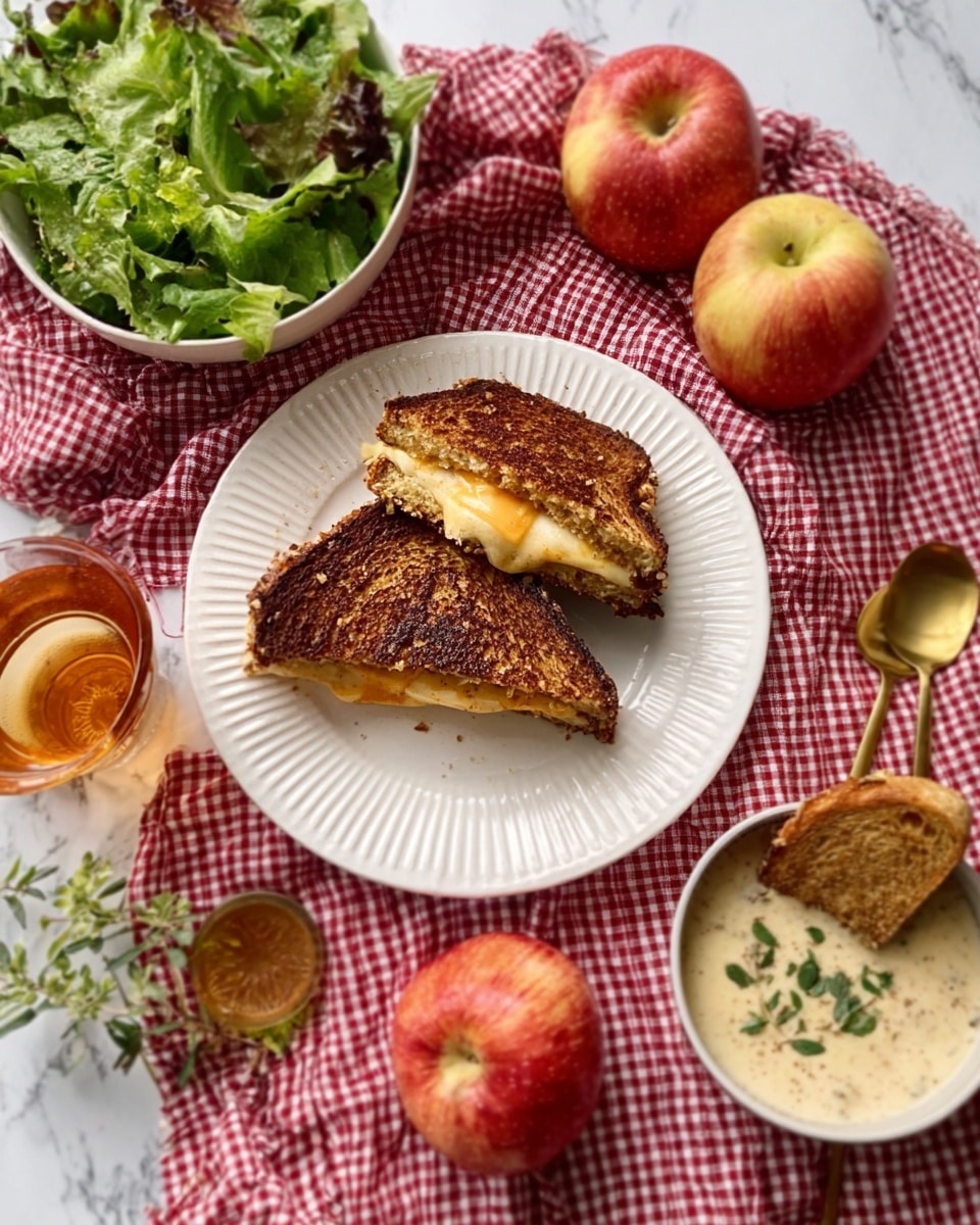 A white scalloped plate holds a single thick sandwich cut diagonally, revealing a golden melted cheese layer inside crispy browned bread with a textured crust. To the left is a small white bowl filled with fresh green leafy salad topped with light dressing, and near it is a clear glass with amber-colored liquid. On the right side of the main plate is a white bowl filled with light creamy soup garnished with green herbs and toasted slices of bread leaning on the bowl edge. The setting is on a red and white checkered cloth spread on a white marbled surface with several whole red and green apples around, along with a gold spoon resting near the apples. The photo taken with an iphone --ar 4:5 --v 7