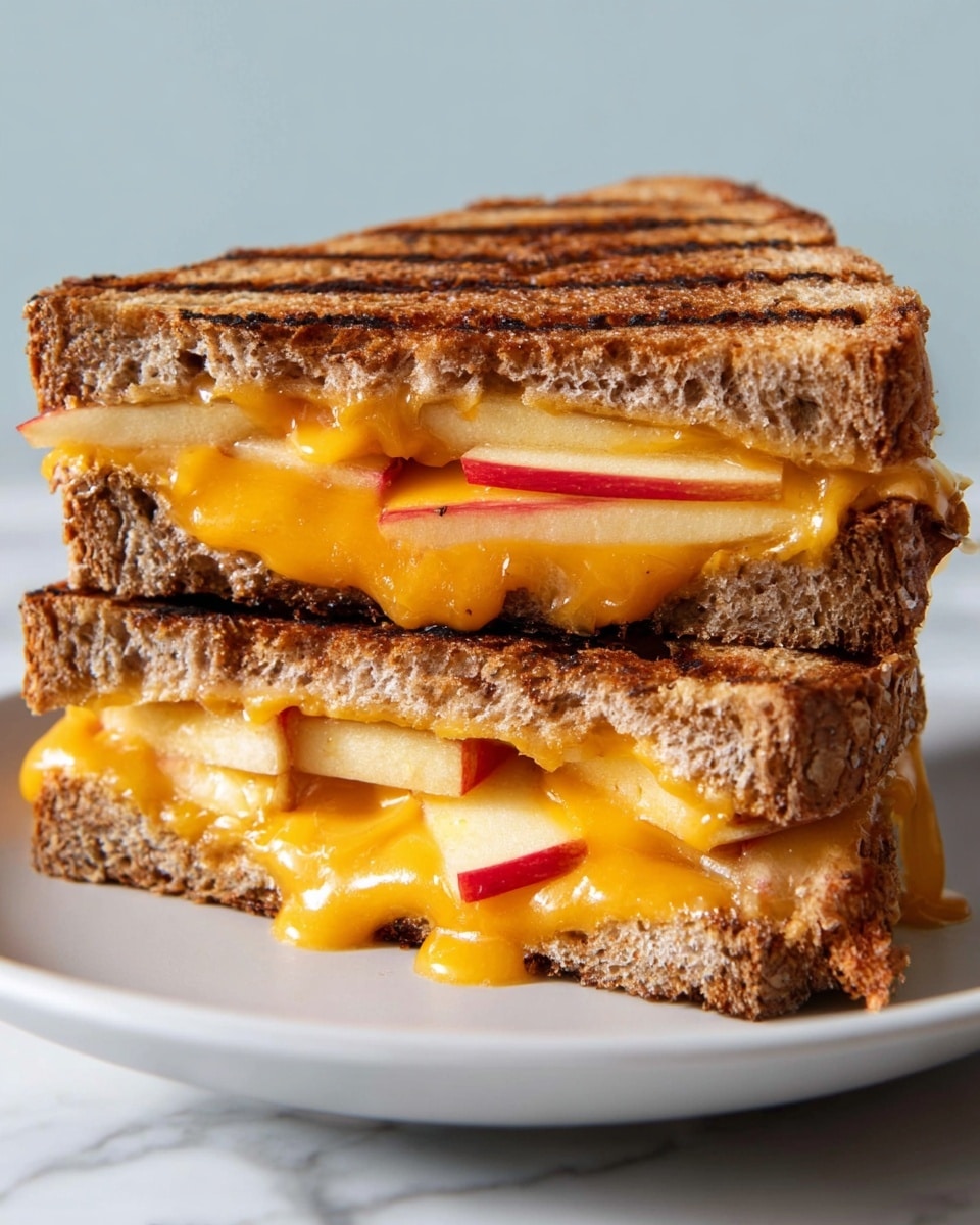 The image shows a close-up of a grilled sandwich cut into two stacked parts on a white plate. The sandwich has three layers of toasted brown bread with visible grill marks. Between the bread layers, there are slices of melted bright orange cheddar cheese that is slightly dripping and gooey in texture, along with thin, pale yellow slices of apple and some thin strips of red apple skin visible. The sandwich is set against a white marbled surface. photo taken with an iphone --ar 4:5 --v 7