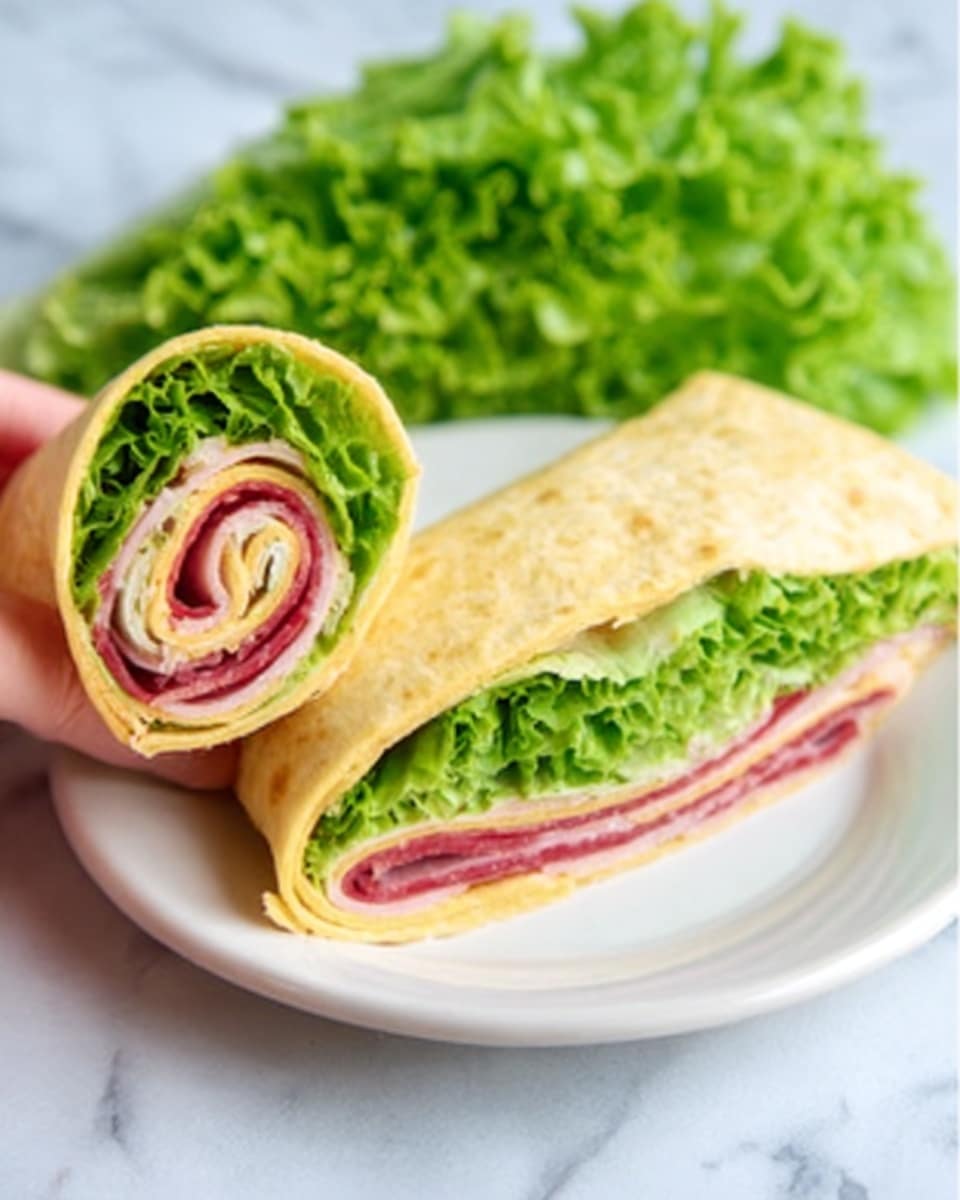 A white plate holds two wrap halves, each cut to show layers inside. The outer layer is a light yellow tortilla. Inside, bright green leafy lettuce is the main filling, sitting above several thin slices of reddish-pink ham. The texture shifts from soft tortilla to crisp lettuce. In the background, a bunch of leafy green lettuce is placed softly on a white marbled surface. A woman's hand lightly holds one wrap half. photo taken with an iphone --ar 4:5 --v 7