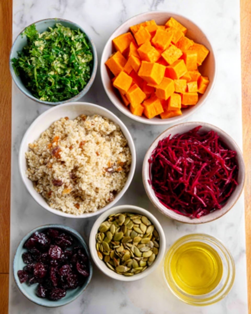 The image shows five white bowls with different ingredients placed on a white marbled surface. One bowl holds green leafy herbs finely chopped, another contains orange cubed pieces, likely sweet potatoes, arranged closely together. A third bowl is filled with light brown grains or cooked rice with a fluffy texture. The fourth bowl has dark dried fruit and green pumpkin seeds together, while the last bowl contains shredded bright red beets. A small glass container with yellow liquid, possibly dressing, is also placed near the bowls. Photo taken with an iphone --ar 4:5 --v 7