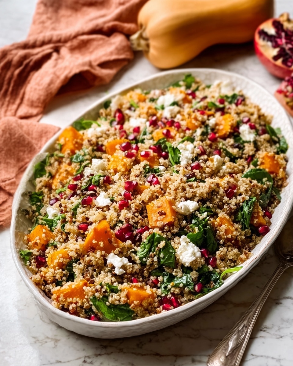 A large white oval dish filled with a colorful quinoa salad placed on a white marbled surface. The salad has several visible layers: the base is light orange roasted squash chunks mixed with fluffy light tan quinoa grains. Scattered throughout are bright green spinach leaves adding fresh color and texture. Small crumbles of white feta cheese sit on top, along with a few whole pomegranate seeds adding tiny dark red pops. In the background, a peach-colored cloth and whole butternut squash add a warm tone. Photo taken with an iphone --ar 4:5 --v 7