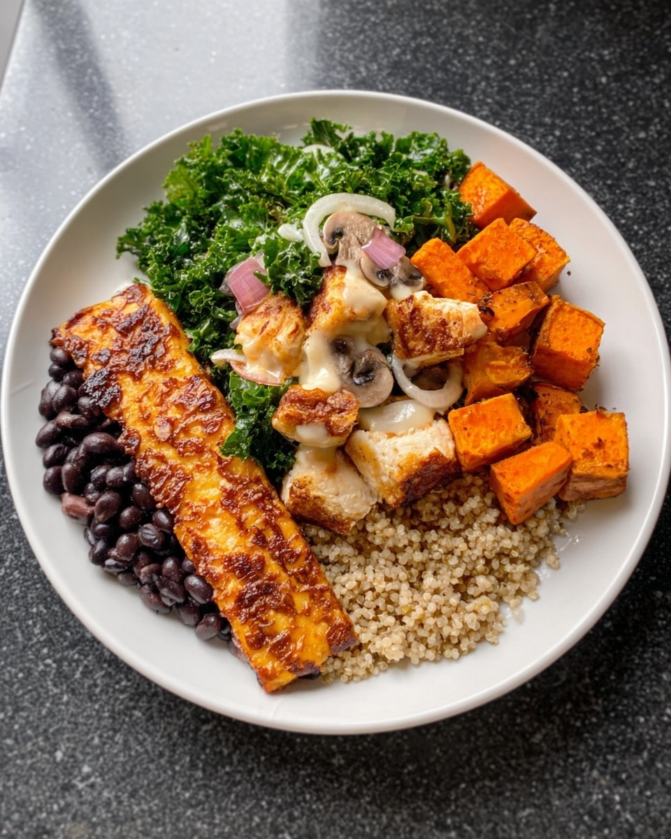 The dish is on a white plate with several layers of food arranged neatly. At the bottom, there are fluffy light brown grains spread as the base layer. On one side, there are small dark purple beans piled up. Next to the beans, there are cubes of orange sweet potatoes topped with white sliced mushrooms. On the other side of the plate, there is a long rectangular piece of crispy, golden brown food. The top layer is fresh dark green kale leaves scattered all over with chunks of light tan chicken placed randomly on top. The overall look is colorful with green, orange, purple, tan, and brown shades. Photo taken with an iphone --ar 4:5 --v 7