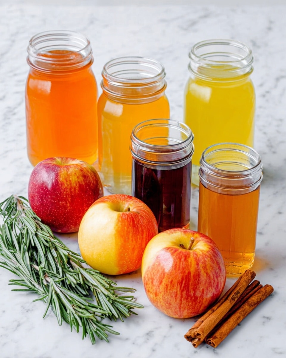 The image shows six clear glass jars filled with different liquids placed on a white marbled surface. The jars contain bright orange, light yellow, clear, bright orange again, yellow, and dark brown liquids, arranged in two rows; the top row has three jars and the bottom row has three containers of varying shapes. At the bottom left, there is a bundle of fresh green rosemary sprigs. In front of the jars are three red apples with yellow highlights, an orange, and four cinnamon sticks stacked side by side. The overall colors are warm and natural, with a clean white marbled background. photo taken with an iphone --ar 4:5 --v 7