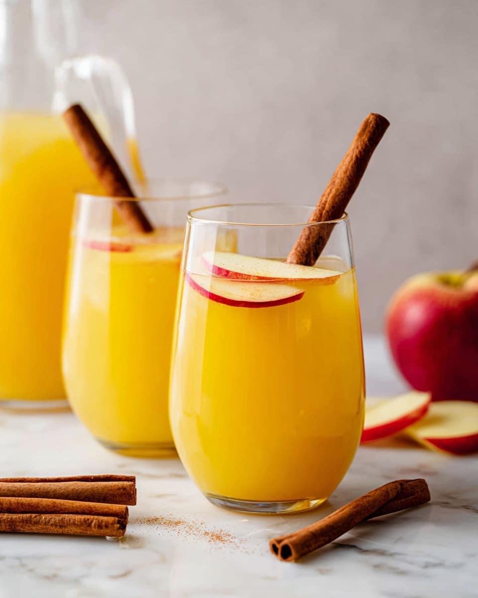 Two clear glasses filled about three-quarters with bright yellow-orange juice, each with a thin red apple slice resting on top inside the glass, and a brown cinnamon stick standing vertically in each glass. The glasses are on a white marbled surface, with two more brown cinnamon sticks laying in front. In the background, there is a clear glass jug with the same juice, and a red apple beside a small pile of thin apple slices. The scene is softly lit with a slight blur in the background for focus. Photo taken with an iphone --ar 4:5 --v 7